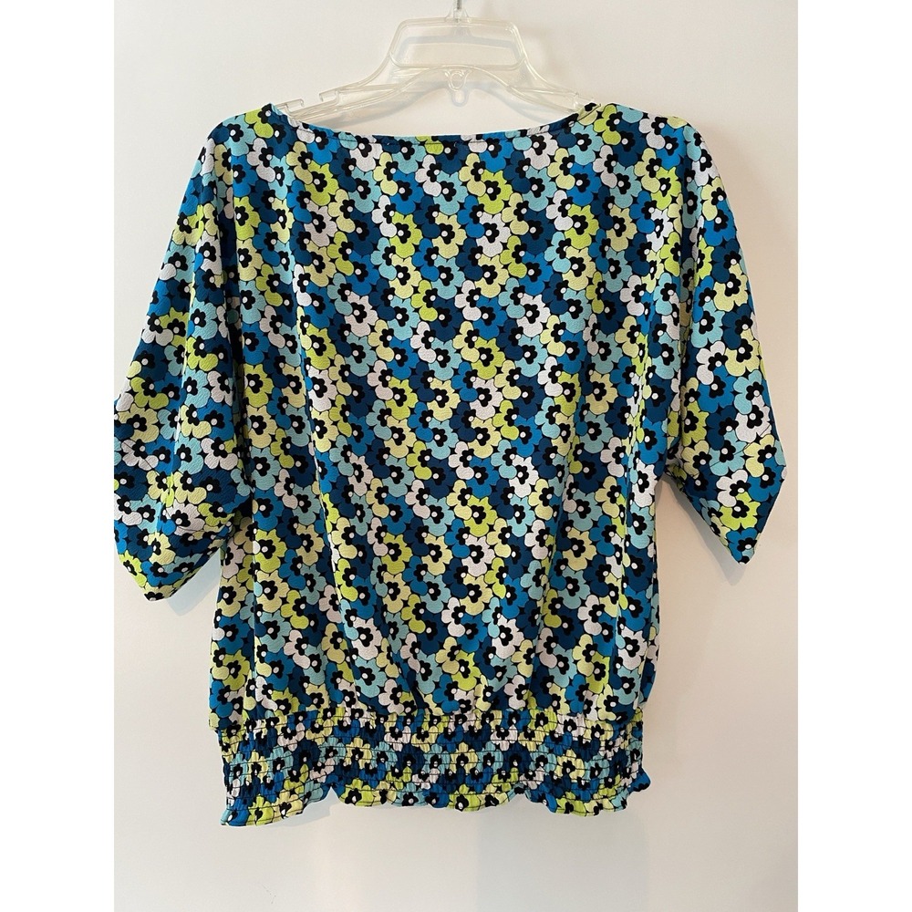 Michael Kors Short Sleeve Blouse Sz Large Smocked Hem Blue Teal Floral Designer - Picture 2 of 9
